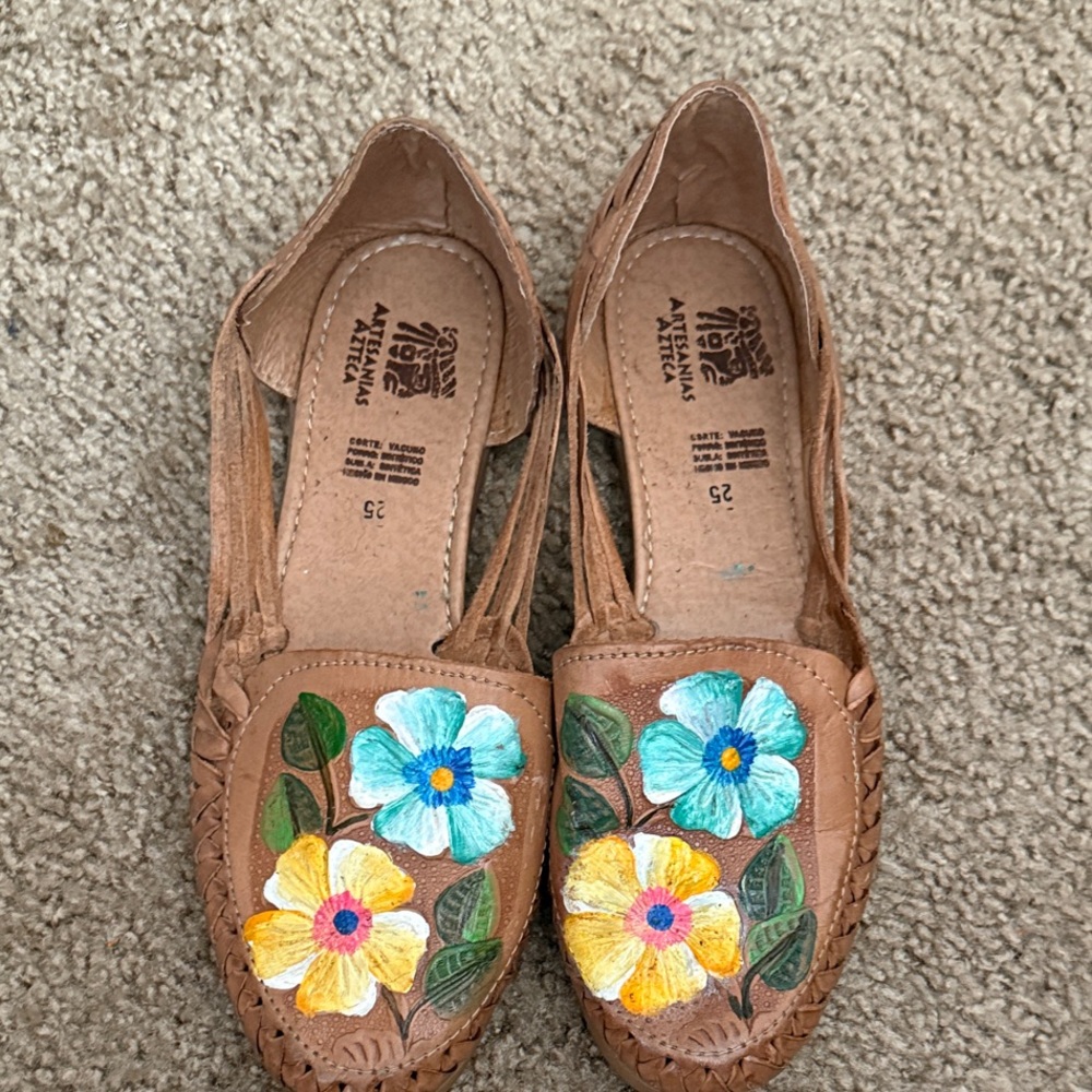 Hand Painted Brown Flats with Floral Embroidery